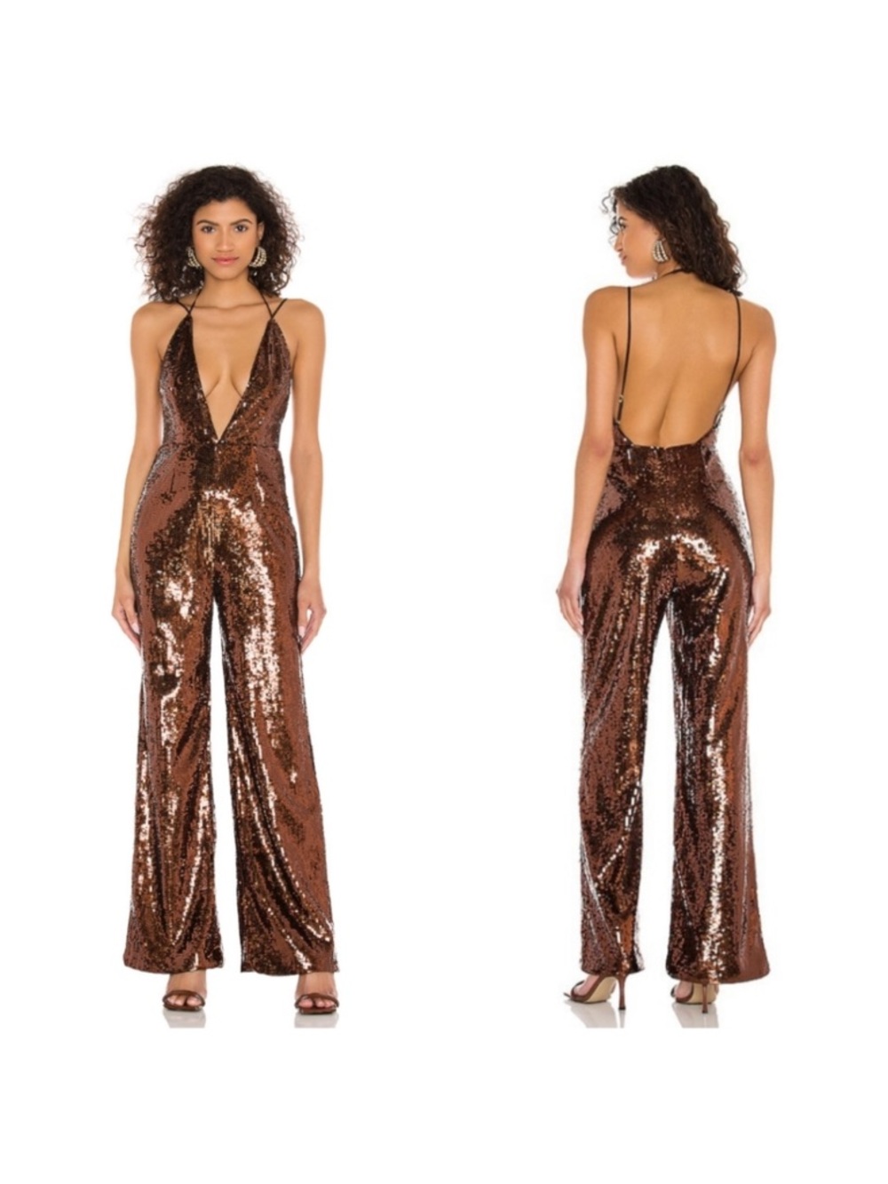 Camila Coelho Copper Sequin Plunge Jumpsuit